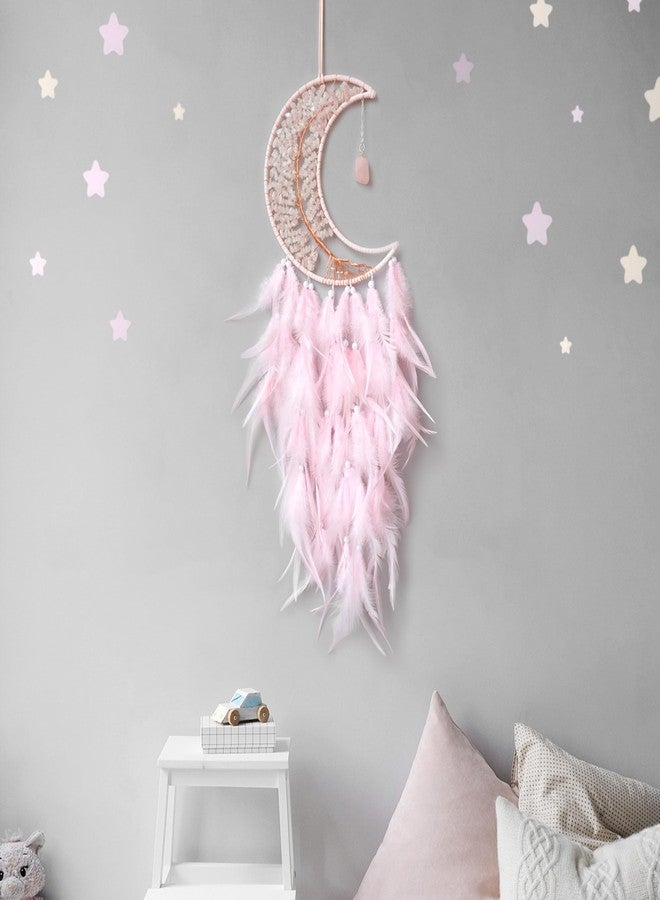 Dksuwe Moon Dream Catchers with Chakra Gemstone Agate Stone, Crystal Tree Life Dream Catchers Wall Hangings Room Decor (Pink) - Image 3